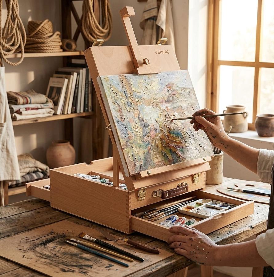 VISWIN tabletop easel box used outdoors for plein air painting