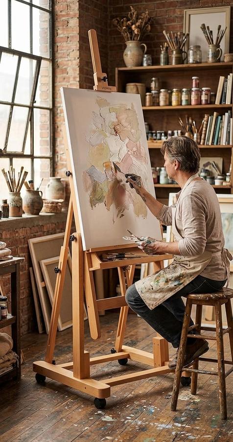 VISWIN heavy-duty H-frame easel with large oil painting in progress