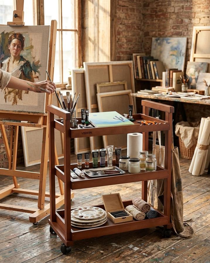 VISWIN rolling art cart beside a studio easel loaded with supplies